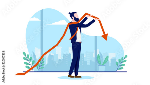 Business recession - Businessman holding falling red arrow showing financial trouble and problem. Economic failure concept flat design vector illustration with white background