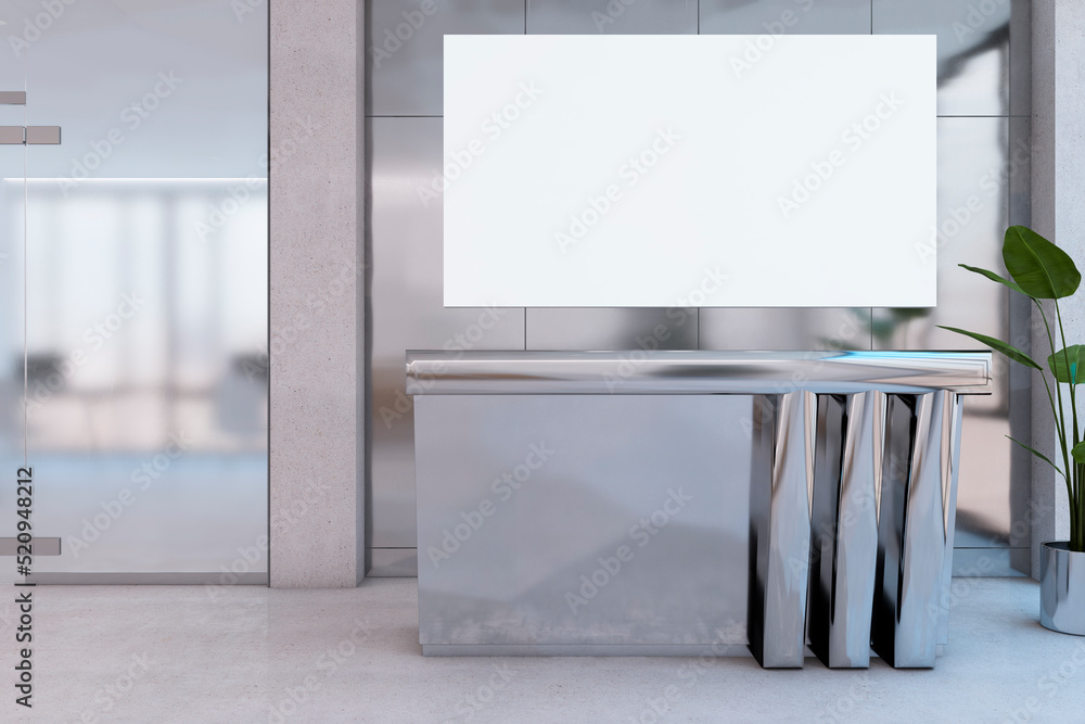 Modern lobby interior with empty white mock up poster on wall, silver reception desk, seating and decortaive items. Waiting area concept. 3D Rendering. Modern lobby interior with empty white mock up poster on wall, silver reception desk, seating and decortaive items. Waiting area concept. 3D Rendering.