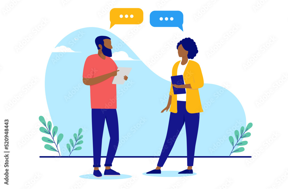 Black businessman and businesswoman dialogue - Man and woman standing talking and working together. Flat design vector illustration with white background