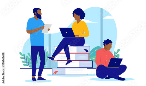 Minority education - Ethnic black people studying, taking education and studying with computers and books. Flat design vector illustration with white background