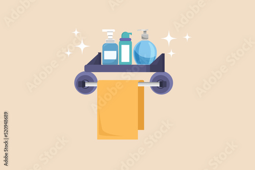 Towel and bathing set in bathroom on wall. Hotel concept. Colored flat graphic vector illustration isolated.