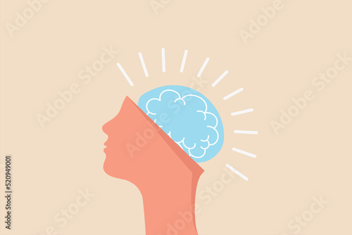 Brain head gets a brilliant idea. Training and workshop business concept. Vector Illustration.
