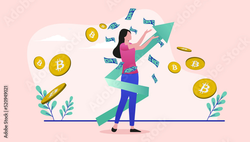Bitcoin investor woman - Female person having success with crypto currencies as price is rising. Flat design vector illustration