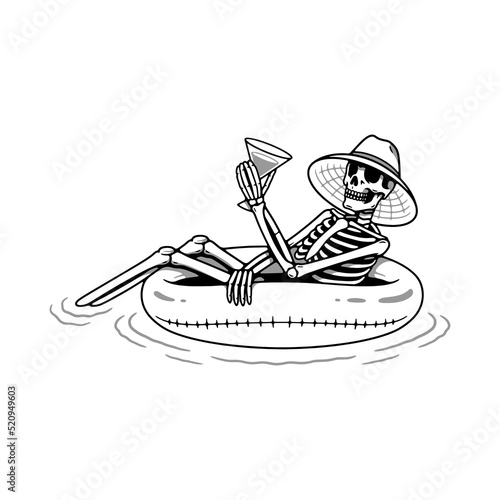 SIPPING ON BOOZE SKELETON FLOATS ON AN INFLATABLE RING BLACK WHITE BACKGROUND