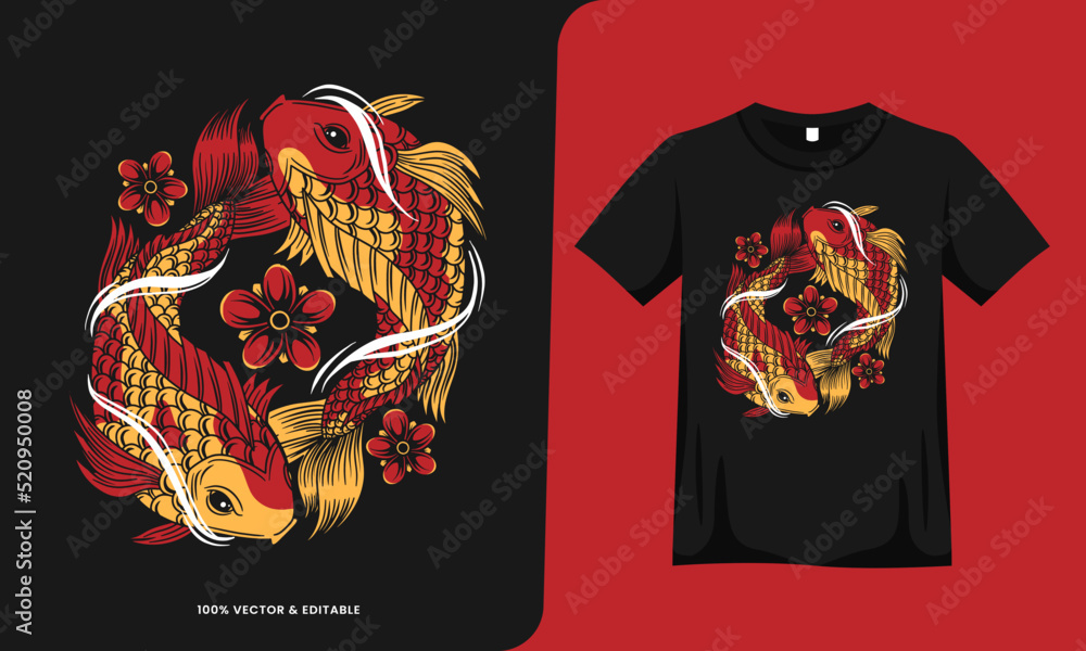 koi fish red yin yang concept with tshirt template. vector illustration