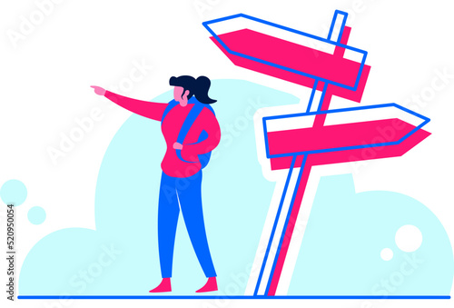Look Ahead Vector Illustration - Amazing flat vector illustration backpacker girl pointing a direction suitable for website, mobile apps, travel agency, hiking business and illustration in general