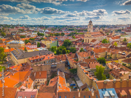 Sunny Aerial Vilnius Old Town aerial view scene, capital of Lithuania