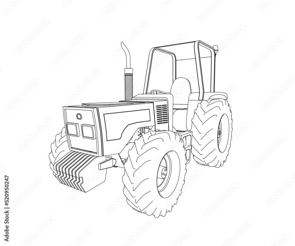 Outline of a detailed tractor from black lines isolated on a white background. Perspective view. Vector illustration.