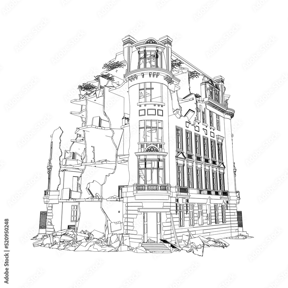 The outline of the destroyed building from black lines isolated on a white background. Perspective view. 3D. Vector illustration.
