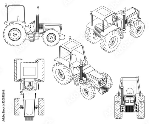 Set with contours of a detailed tractor from black lines isolated on a white background. Front, side, isometric, top view. Vector illustration.