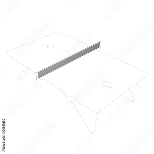 Outline of a tennis table with rackets from black lines isolated on a white background. Isometric view. Vector illustration.