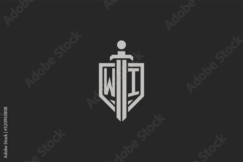 Letter WI logo with shield and sword icon design in geometric style