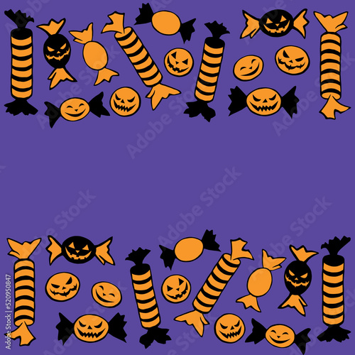 Background, frame of candy in different wrappers in Halloween style . Horizontal top and bottom edging, border of sweets. Trick or treat. Background for guising, invitation, party poster