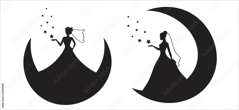 Fototapeta premium Set of vector silhouettes of a bride. Vector illustration silhouettes of brides standing on a crescent moon. One woman is holding stars and another magic stars. Black color. isolated on white.