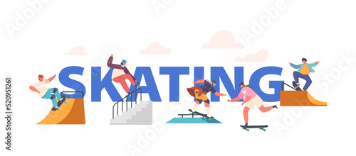 Children Skating in Park Poster. Teen Kids Skaters Jump on Longboards, Boys and Girls Urban Culture, Lifestyle, Sport