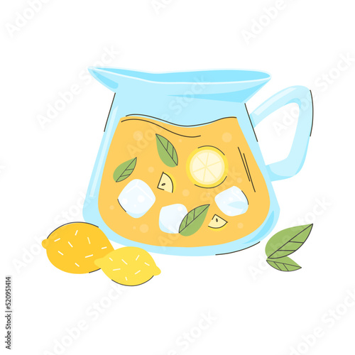 Illustration of a jug with lemonade, lemon slices, ice and mint. Flat image for cafe and restaurant menu, landing page, banner, flyer, sticker, postcard.