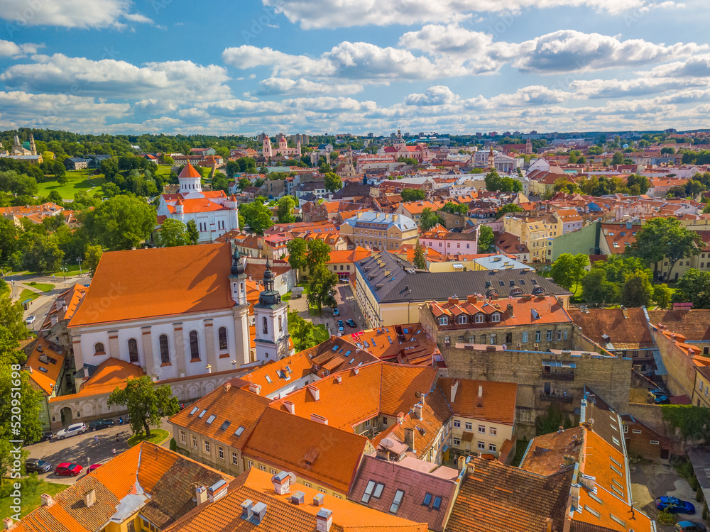 Sunny Aerial Vilnius Old Town aerial view scene, capital of Lithuania