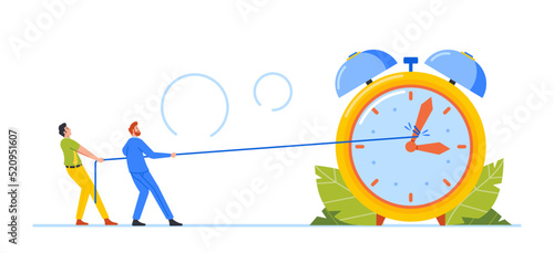 Business Characters Trying to Stop or Slowdown Time Pulling Alarm Clock Arrows with Strap, Men Hard Drudge, Overtime