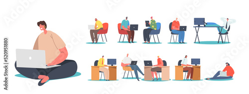 Set Men and Women Freelancers or Office Workers Working on Computers Isolated on White Background