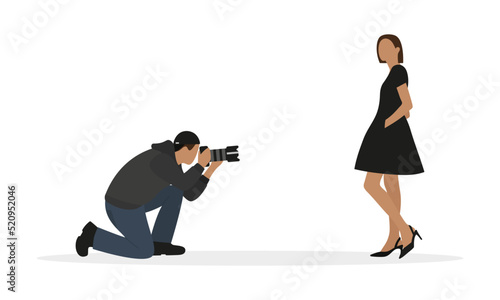 Male character taking a photo of a female character on a white background