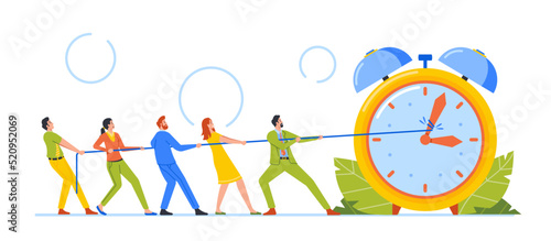 Deadline, Time Management Business Concept. Tiny Hurried Workers Pull Clock Arrows on Huge Watches Using Rope