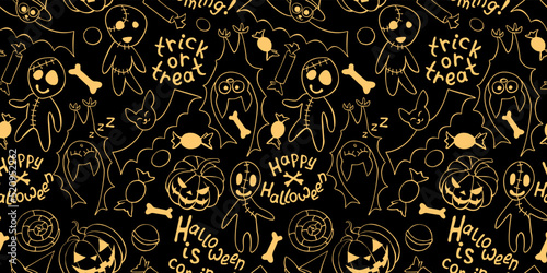 Happy Halloween-seamless pattern with set of icons-pumpkin, Jack lantern, zombie, bat, candy. Funny holiday background, texture for greeting card, invitation, party poster, banner