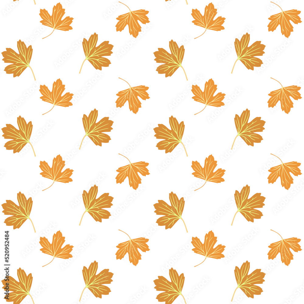 Seamless ornament with orange autumn leaves of golden currant isolated on white background. Natural pattern for fabric.