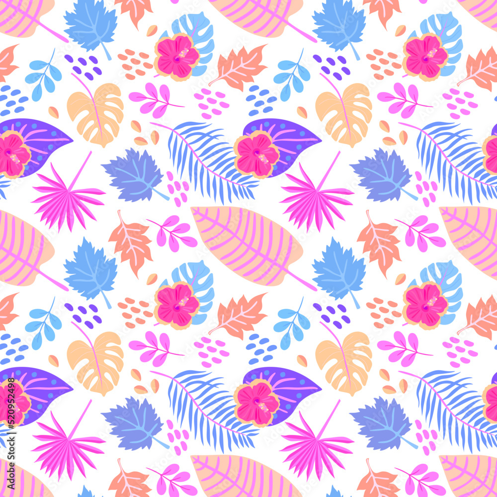 Beautiful seamless ornament with tropical leaves and hibiscus flowers in pink, blue and lilac tones on a white background in vector. Exotic romantic natural print for fabric, wallpaper.
