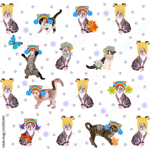 Seamless print for fabric "First snow" with a collection of kitties in knitte...