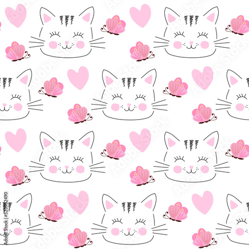 Seamless pattern with cat faces, drawn lines, pink butterflies and hearts isolated on white background in vector. Animal print for fabric for kids.