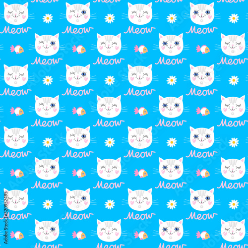 Beautiful seamless pattern with cute cartoon cat faces, Meow lettering, small...