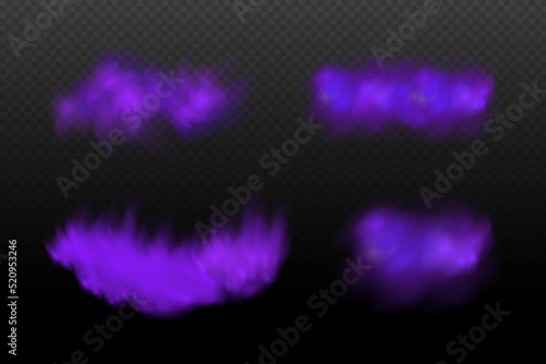 Realistic scary mystical violet fog in night Halloween. Purple poisonous gas, dust and smoke effect.