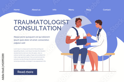 Orthopedics and traumatology. Patient with injured arm in bandage at doctor's appointment. Consultation and treatment. Vector illustration of web template. Flat cartoon characters.
