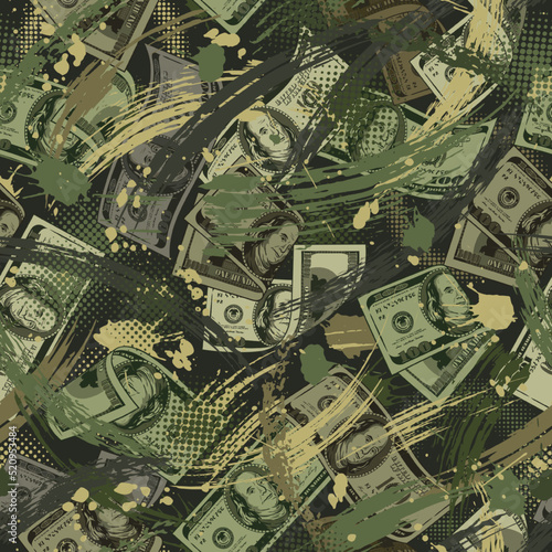 Seamless green camouflage pattern with 100 US dollar bills, grunge paint brush strokes, halftone, blots. Dense chaotic composition. Good for apparel, fabric, textile, sport goods