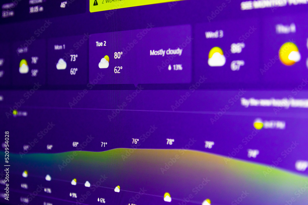 Weather forecast interface on a digital display showing hot weather for the next days.Selective focus.