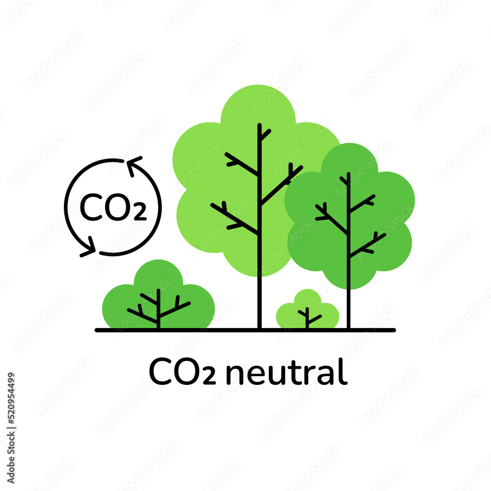 CO2 neutral tree forest line vector illustration. Stop global warming