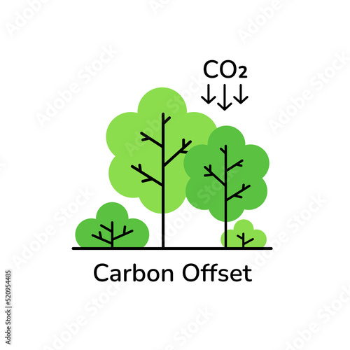 CO2 emission reduction concept art. Linear style tree forest and CO2 symbol sign with looking down arrows. Zero carbon footprint, greenhouse gas emission reduction, co2 neutral. Outline vector icon.