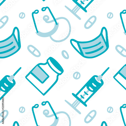 Vector seamless pattern about medicine. Pills, mask, syringe, injection, vaccine, stethoscope. Outline doodle cute cartoon style.