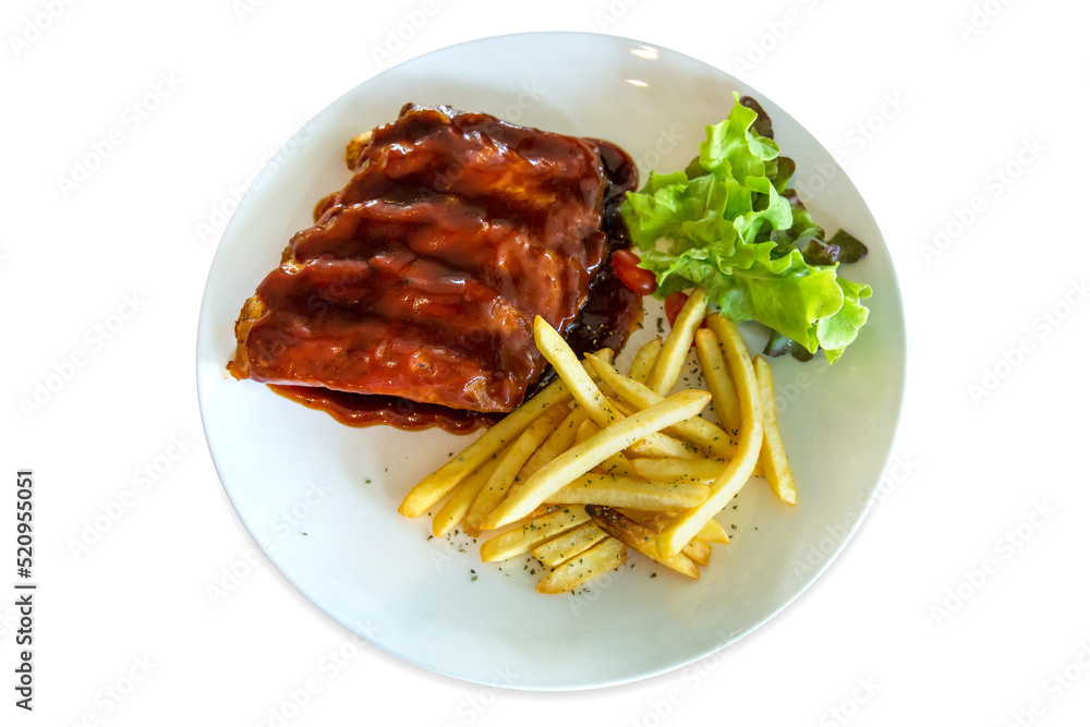 Top view of Barbecue Pork Ribs with french fries, focus selective Top view of Barbecue Pork Ribs with french fries, focus selective