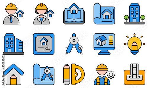 Set of Vector Icons Related to Architecture. Contains such Icons as Architect, Architecture, Blueprint, Building, Certificate, Creative Design and more.