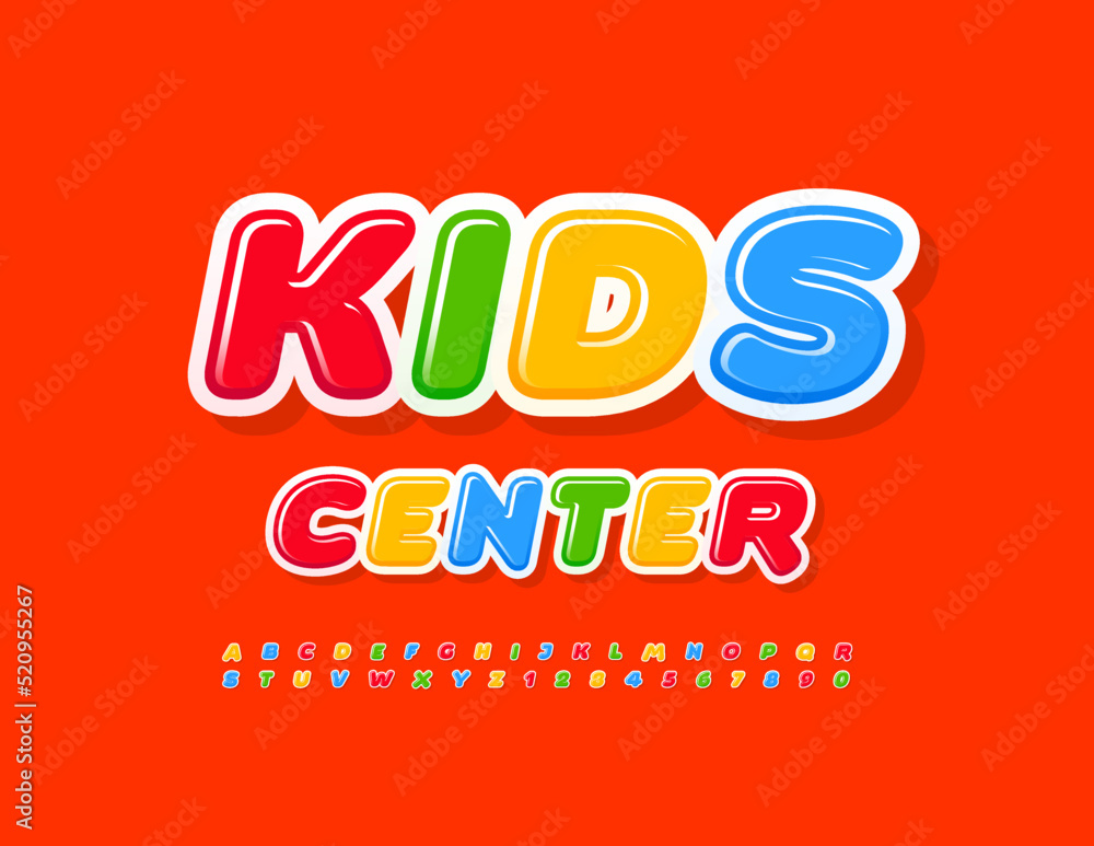 Vector colorful banner Kids Center. Funny Bright Font. Childish set of Alphabet Letters and Numbers