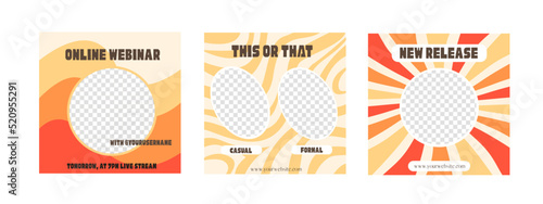 Social media ig post template with funky nostalgic frames. Retro 60s 70s aesthetic backdrop. Vintage wavy distorted background for online blog. Vector set of square poster in Y2K hippie style.