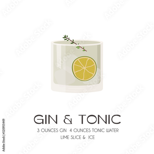 Gin Tonic Cocktail on the rocks garnished with slice of lime and green herb. Summer aperitif retro poster. Minimalist print with alcoholic beverage on white background. Vector flat style illustration.
