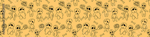 Vector seamless pattern with cute zombies in cartoon style. Outline doodle illustration isolated. Trick or treat - lettering in speech bubble. Halloween backgrounds and textures