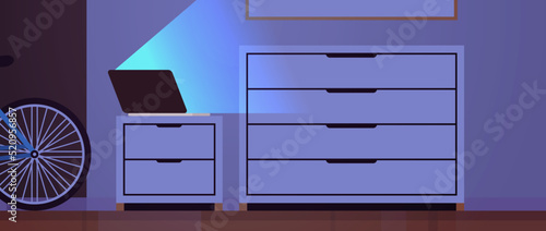 Living room interior and furniture cabinet home drawer in dark night room concept flat vector illustration.