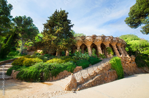 Walking Path, Steps and Viewpoint in Park Guell in Barcelona, Spain