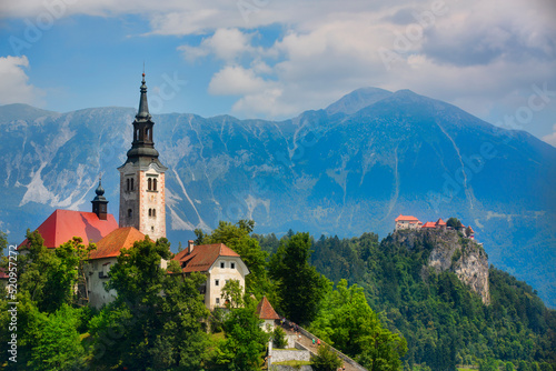 The Church on Bled Island in Lake Bled, and Bled Castle, Slovenia