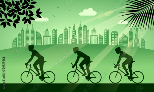 silhouette family ride bike in city park, green tone outdoor exercise illustration