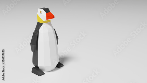 Low poly penguin on a gray background with copy space. 3d illustration. Linux concept background photo