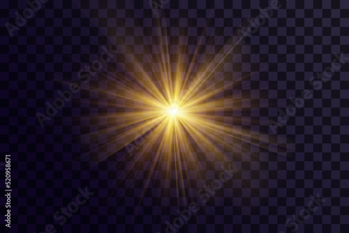 Shining golden stars. Light effects, glare, glitter, explosion, golden light. Vector illustration.